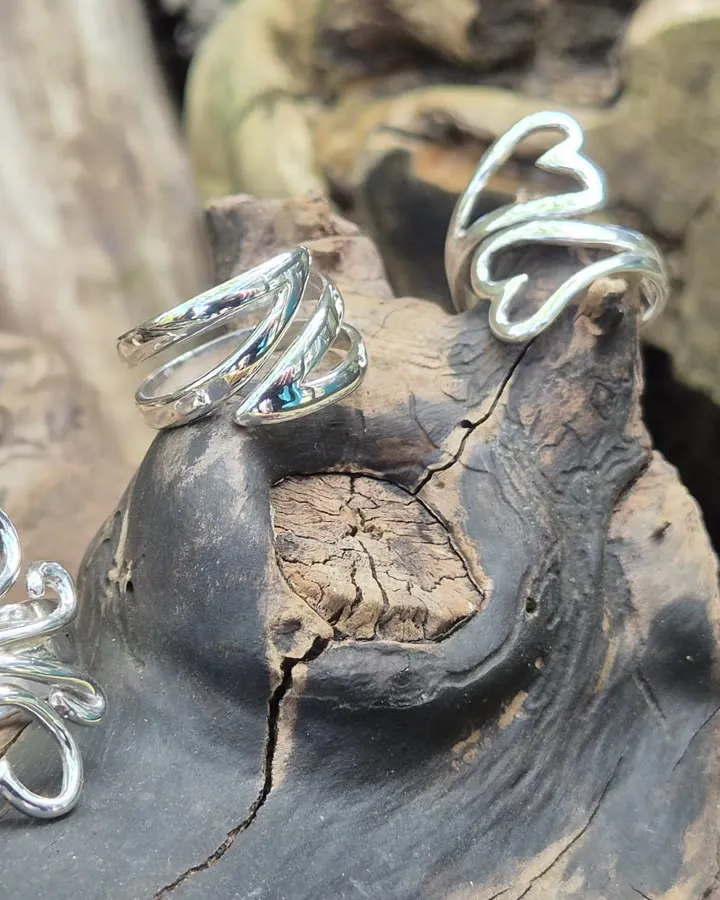 Three silver rings on driftwood
